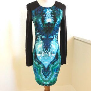 Bebe Women Blue Black Color block Long Sleeve Body cone Dress size XS Stretch AS
